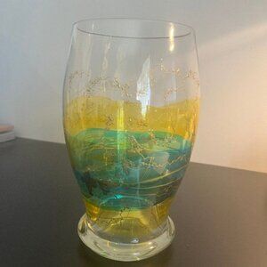 Beautiful Romanian Hand Blown Crystal Vase with Abstract Design & Gold Drizzle